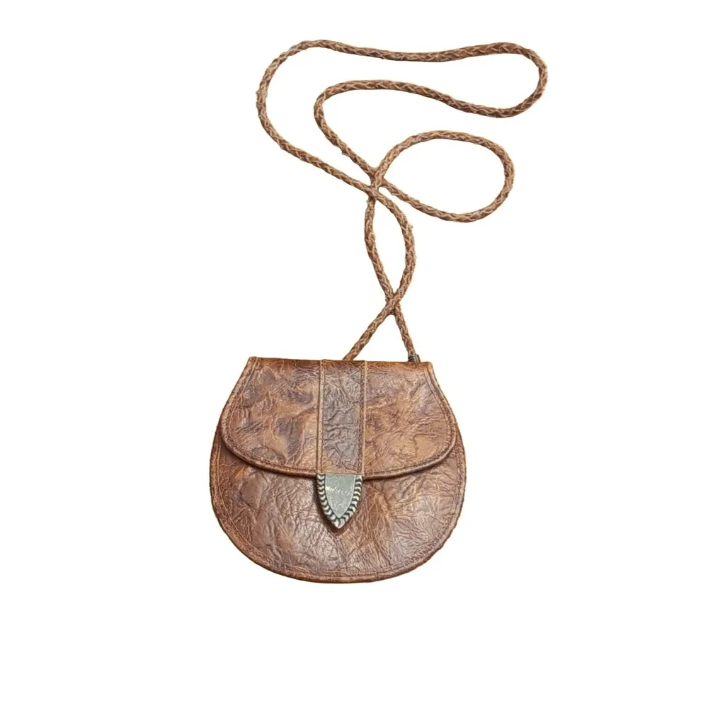 Rolfs Cowhide Mini Crossbody Bag Brown Leather Braided Strap Purse 5